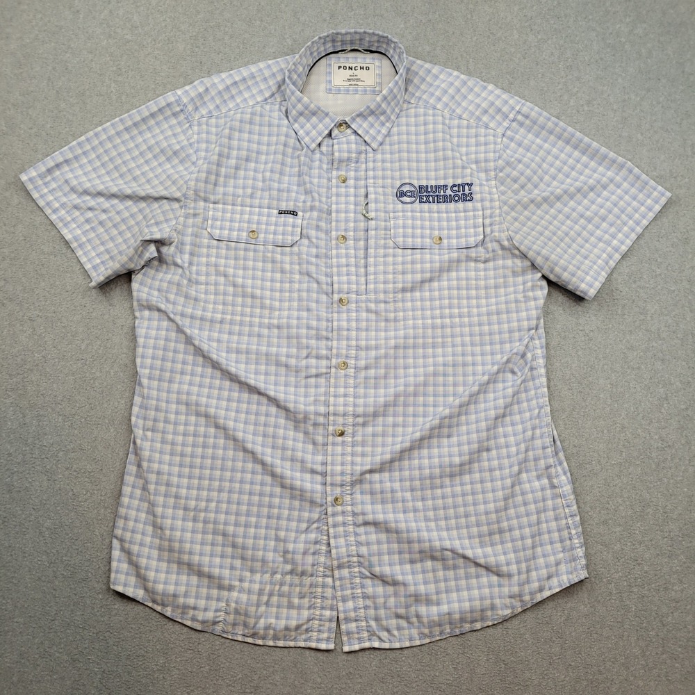 Poncho Button Down Shirt Mens Large Blue Gingham Plaid Slim Fit Magnetic Pockets
